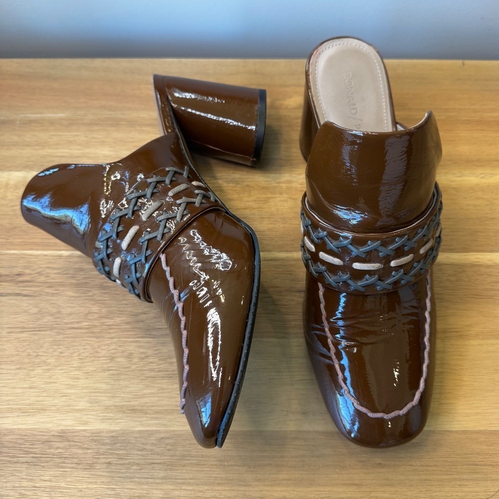 Donald J Pliner Vida Women 9 M Brown Patent Leather Mule Block Heel Loafer
